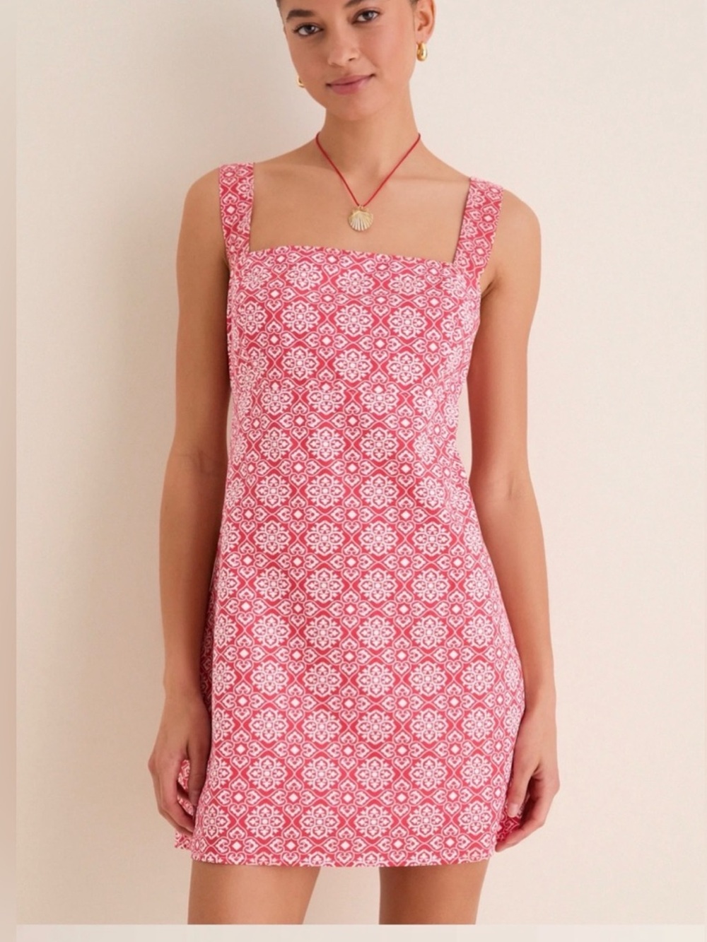 Pink Printed Square-Neck Mini Dress